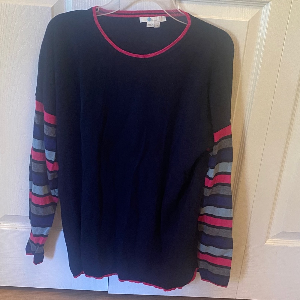 Boden Navy Crewneck Sweater with Red and Gray Stripes